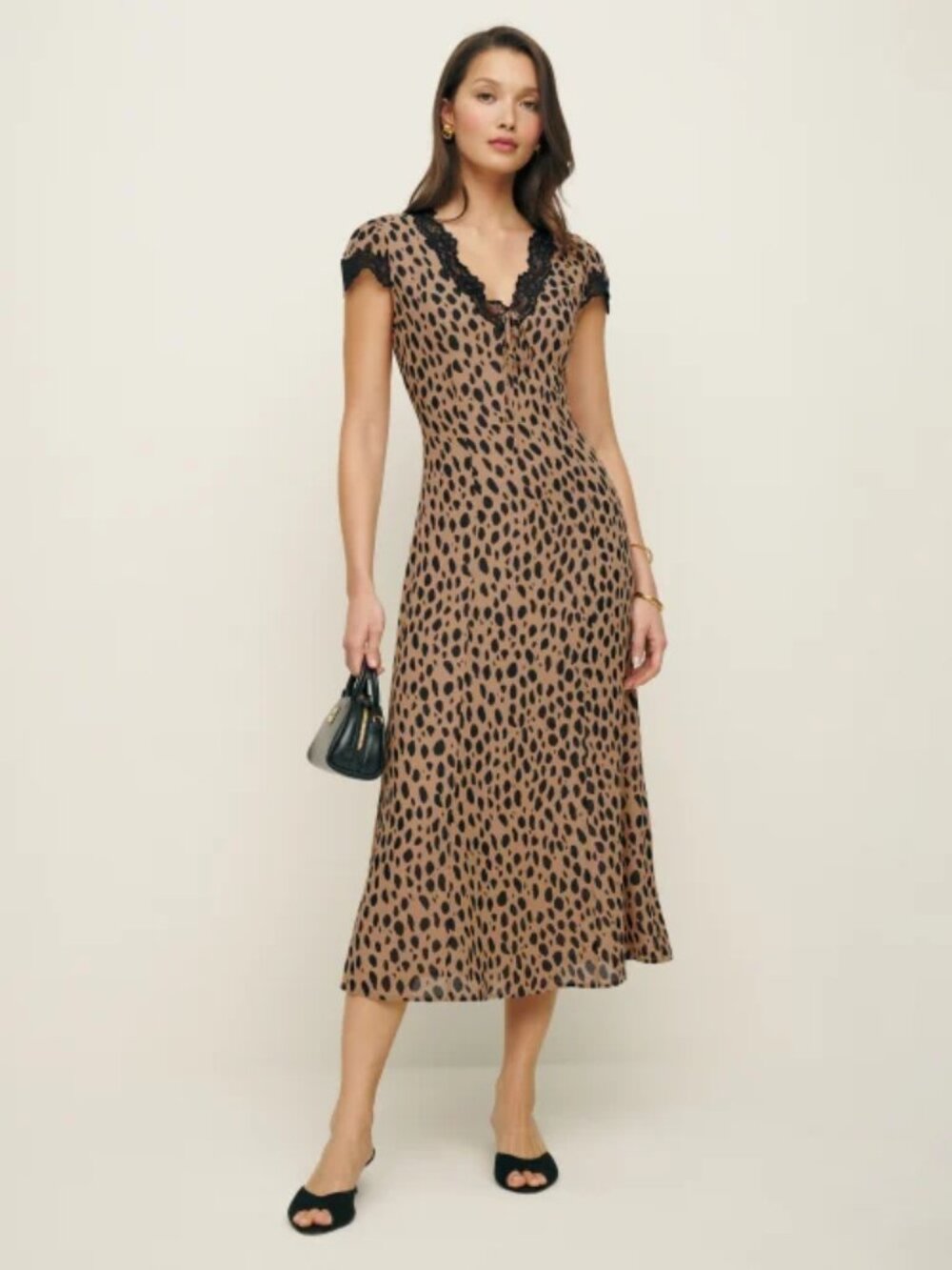 NWOT Reformation Tiffie Dress in Bobcat Black Brown Midi Lace Cap Sleeves Size 4